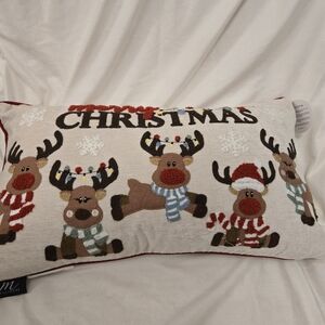 Millihome Festive Merry Christmas Reindeer Holiday Pillow - Red, White, Brown
